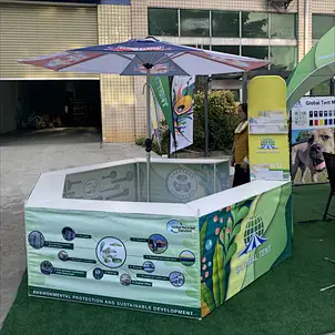 custom kiosk with metal table